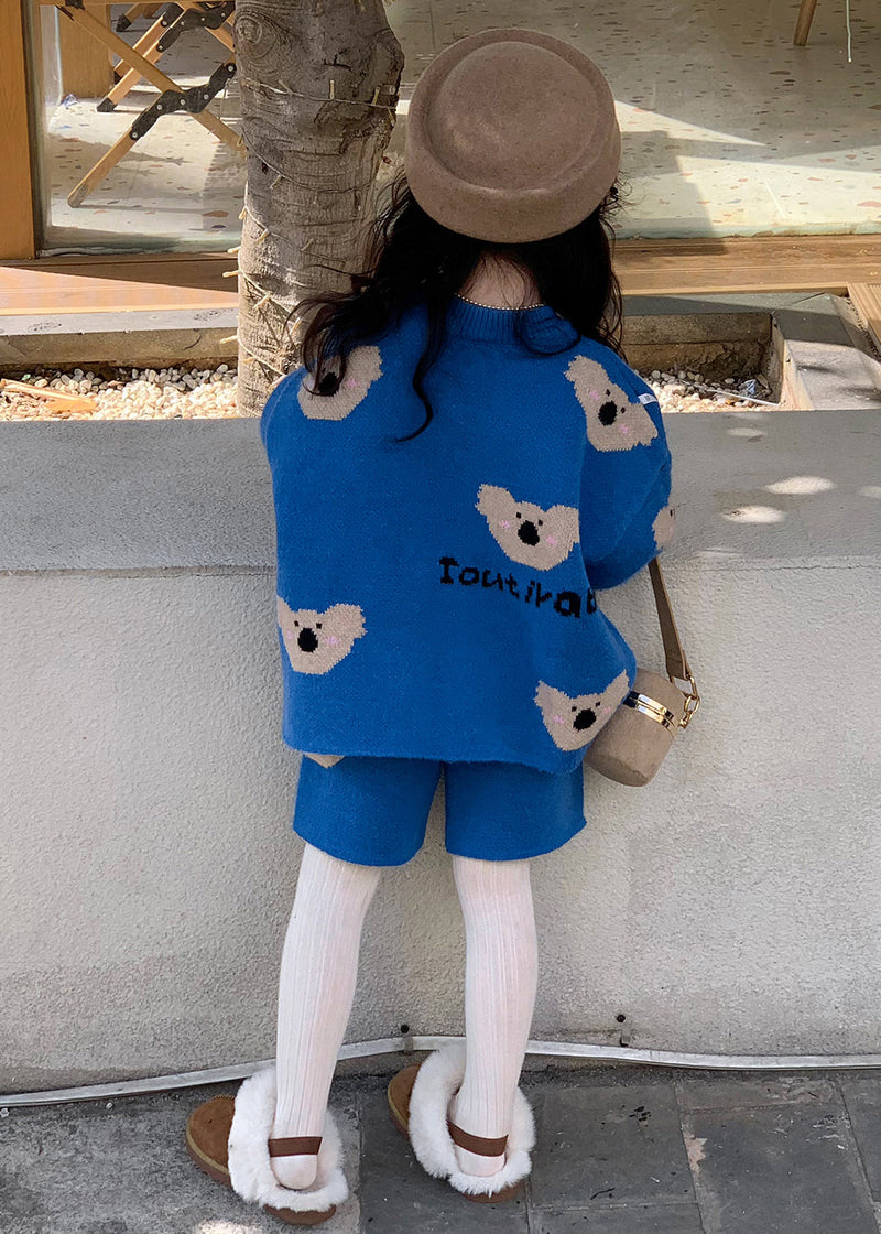 Art Blue Print Cotton Knit Sweatshirt and Shorts Two Pieces Set Winter