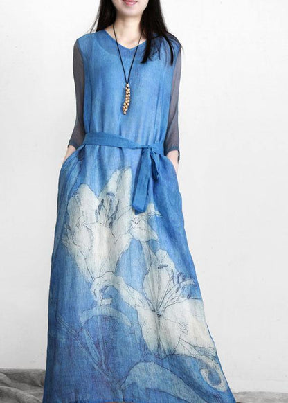 Art Blue Print Linen Tunic Patchwork Dress