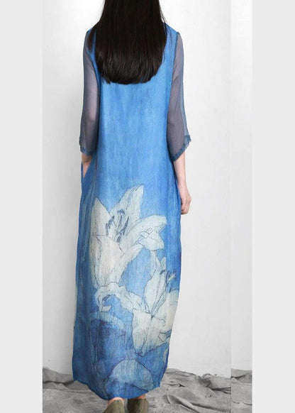 Art Blue Print Linen Tunic Patchwork Dress