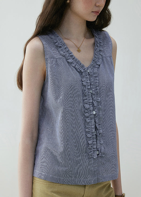 Art Blue Ruffled Button Wear on Both Sides Cotton Blouses Sleeveless