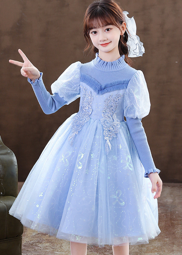 Art Blue Ruffled Sequins Patchwork Tulle Baby Party Dress Fall