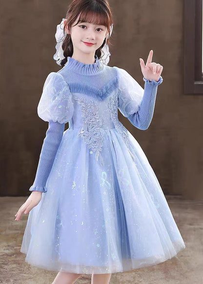 Art Blue Ruffled Sequins Patchwork Tulle Baby Party Dress Fall