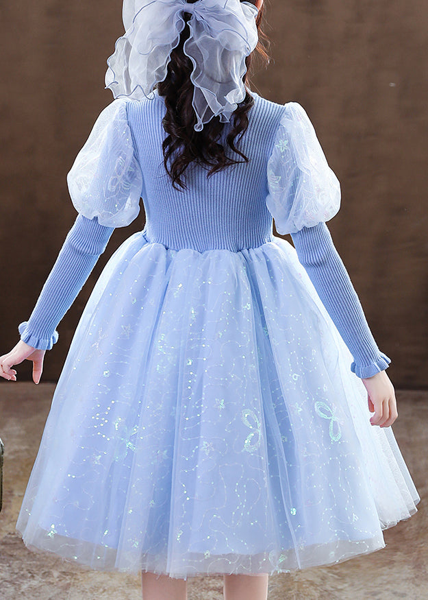 Art Blue Ruffled Sequins Patchwork Tulle Baby Party Dress Fall