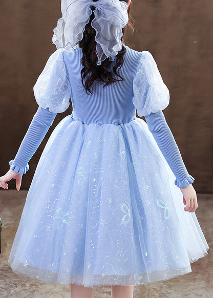 Art Blue Ruffled Sequins Patchwork Tulle Baby Party Dress Fall