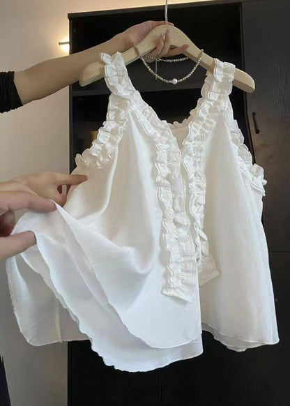 Art Blue Ruffled Cotton Blouse Top Sleeveless