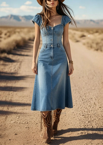 Art Blue Square Collar Patchwork Denim Dress Summer
