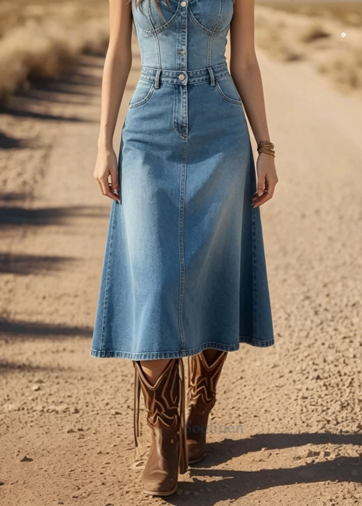 Art Blue Square Collar Patchwork Denim Dress Summer