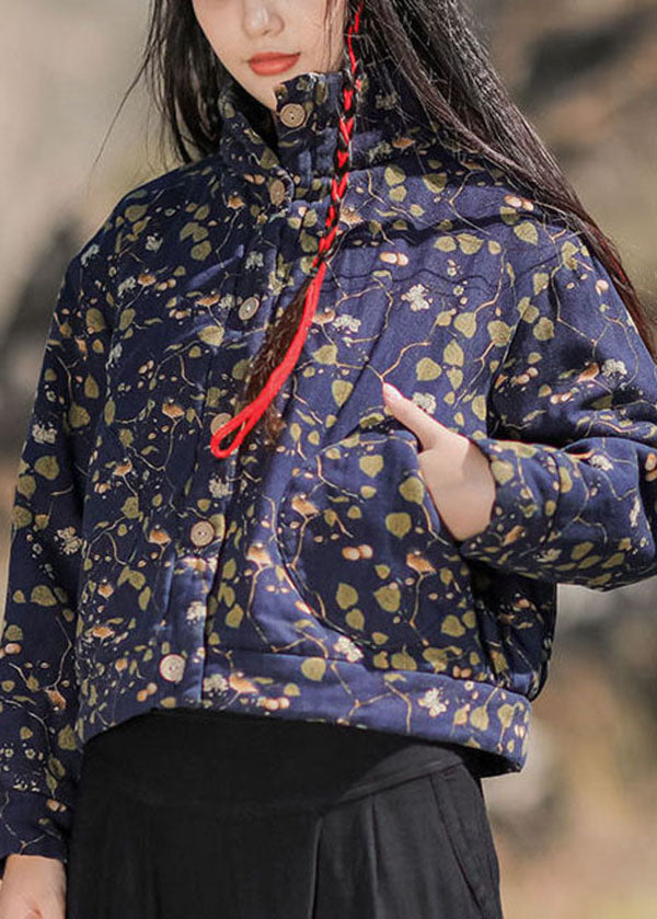 Art Blue Stand Collar Print Fine Cotton Filled Jacket in Winter