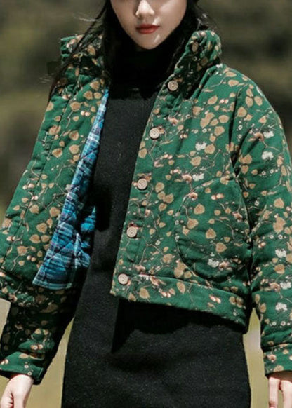 Art Blue Stand Collar Print Fine Cotton Filled Jacket in Winter