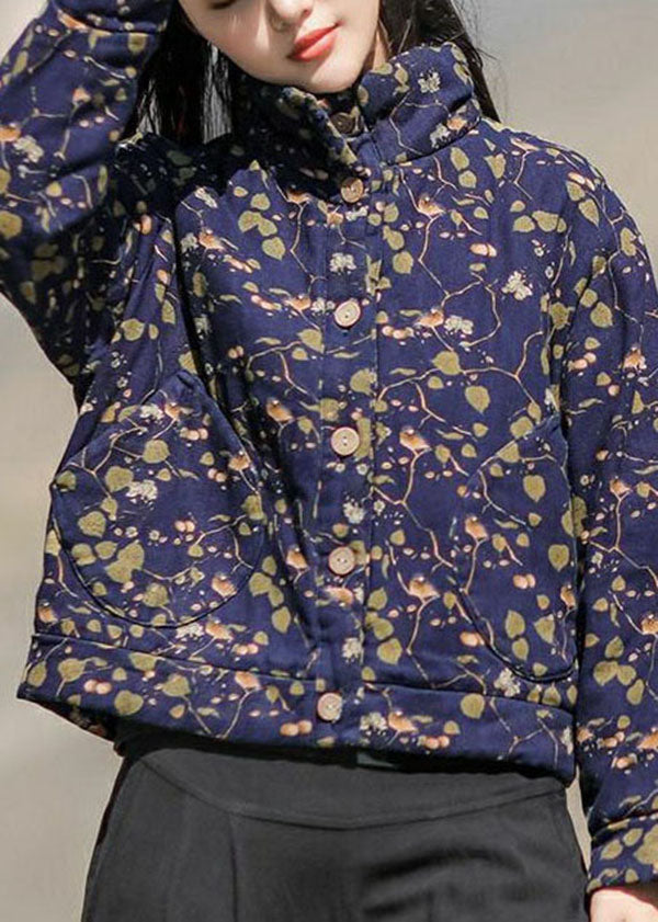 Art Blue Stand Collar Print Fine Cotton Filled Jacket in Winter