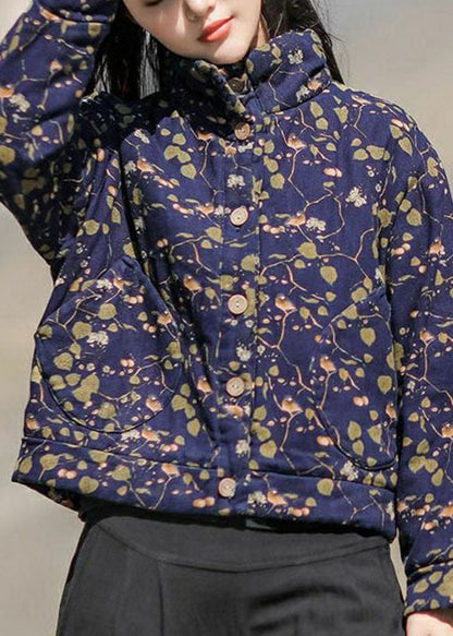 Art Blue Stand Collar Print Fine Cotton Filled Jacket in Winter