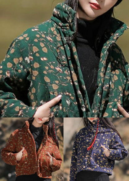 Art Blue Stand Collar Print Fine Cotton Filled Jacket in Winter