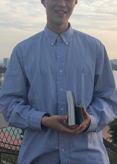 Art Blue Striped Button Cotton Mens Shirts Spring
