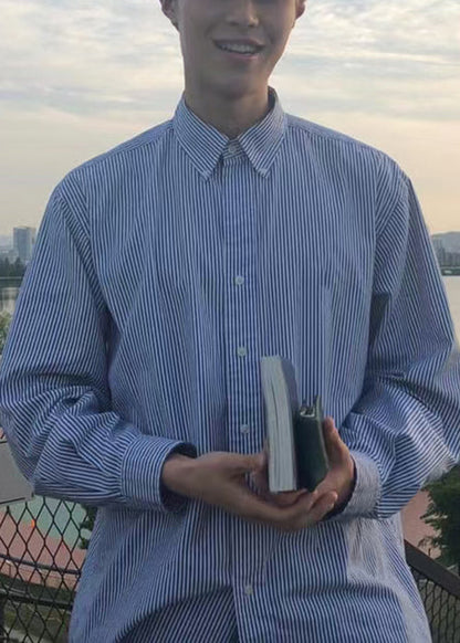 Art Blue Striped Button Cotton Mens Shirts Spring