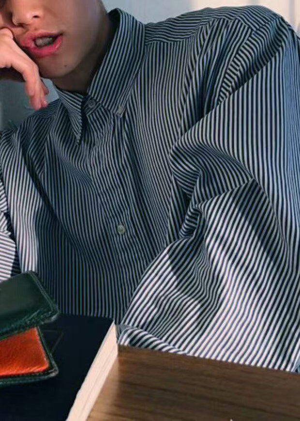 Art Blue Striped Button Cotton Mens Shirts Spring
