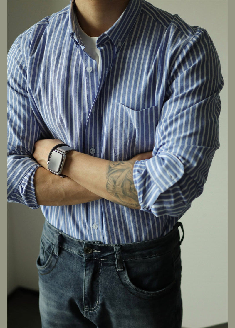 Art Blue Striped Button Pockets Cotton Shirts Fall