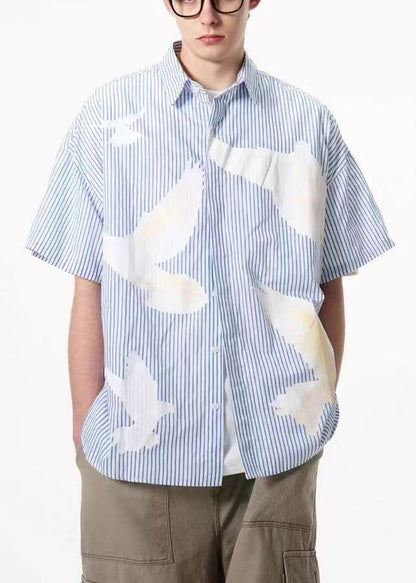 Art Blue Striped Print Button Cotton Shirt Summer