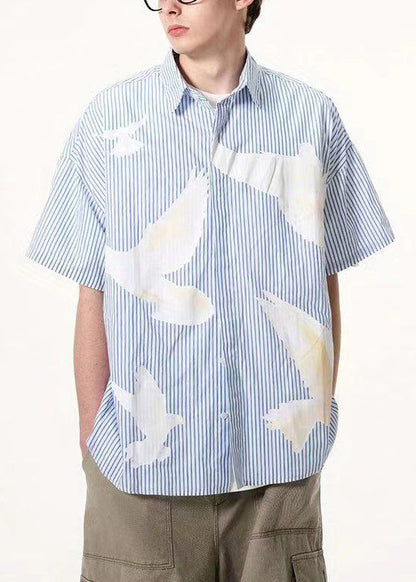 Art Blue Striped Print Button Cotton Shirt Summer