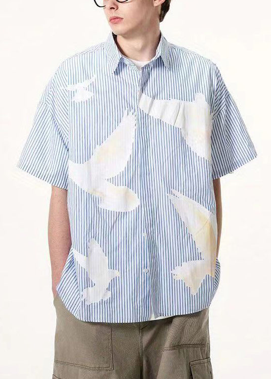 Art Blue Striped Print Button Cotton Shirt Summer