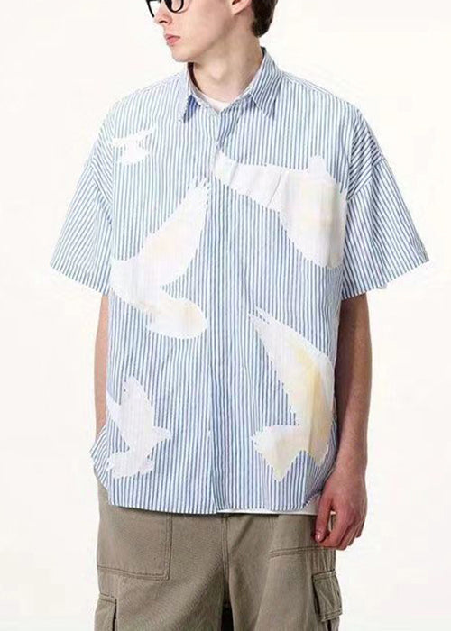 Art Blue Striped Print Button Cotton Shirt Summer
