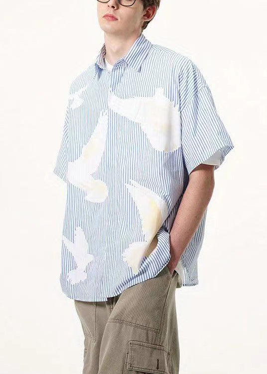 Art Blue Striped Print Button Cotton Shirt Summer