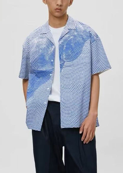Art Blue Striped Print Cotton Shirts Summer