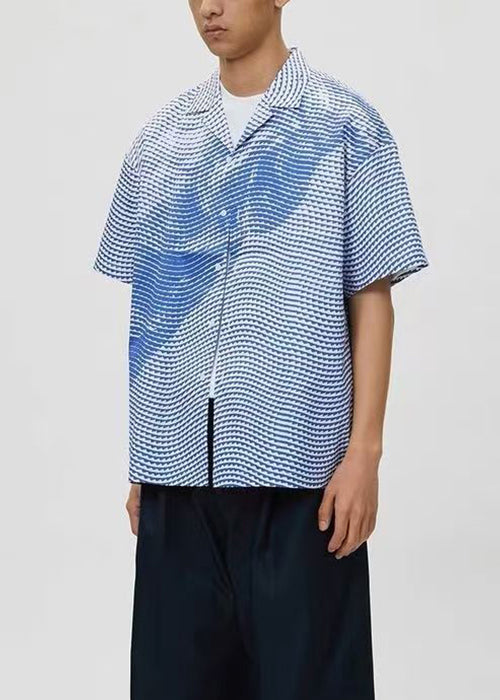 Art Blue Striped Print Cotton Shirts Summer