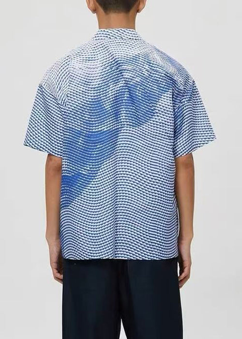 Art Blue Striped Print Cotton Shirts Summer