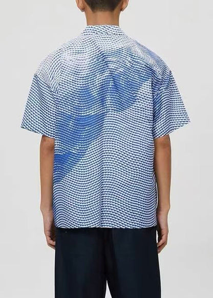 Art Blue Striped Print Cotton Shirts Summer