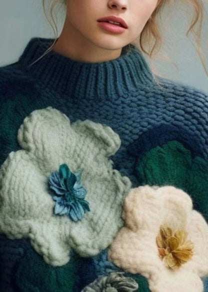 Art Blue Turtleneck Cozy Cotton Knit Top Fall