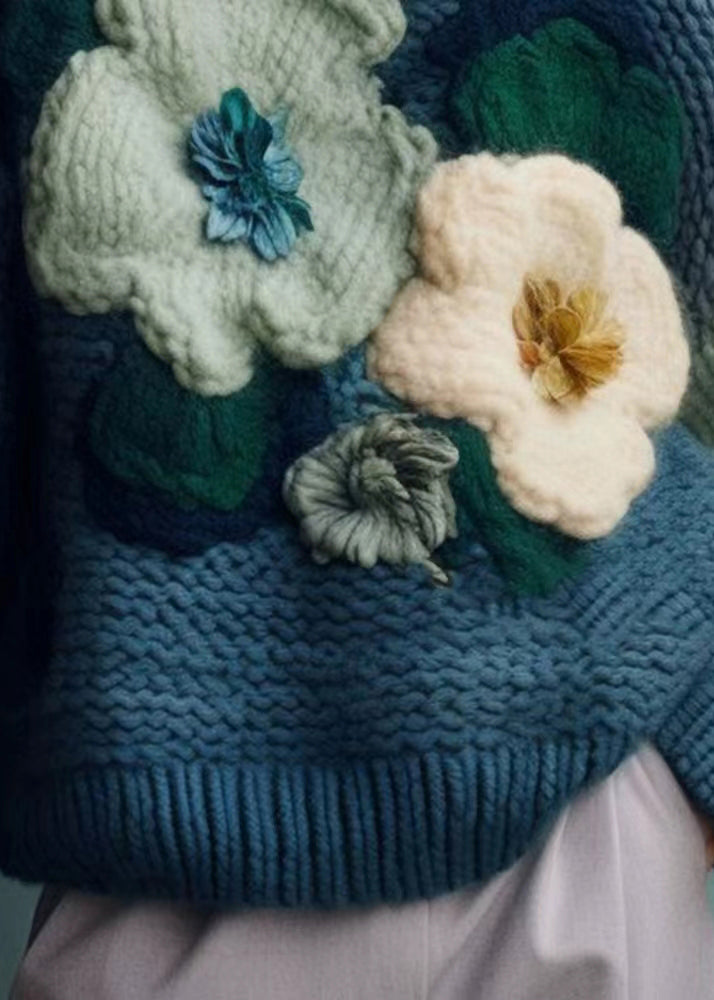 Art Blue Turtleneck Cozy Cotton Knit Top Fall