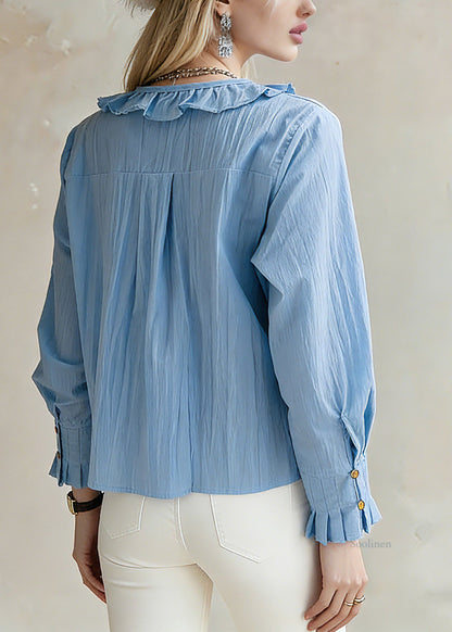 Art Blue V Neck Button Pocket Solid Shirt Long Sleeve