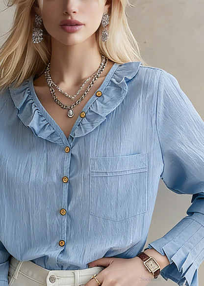Art Blue V Neck Button Pocket Solid Shirt Long Sleeve