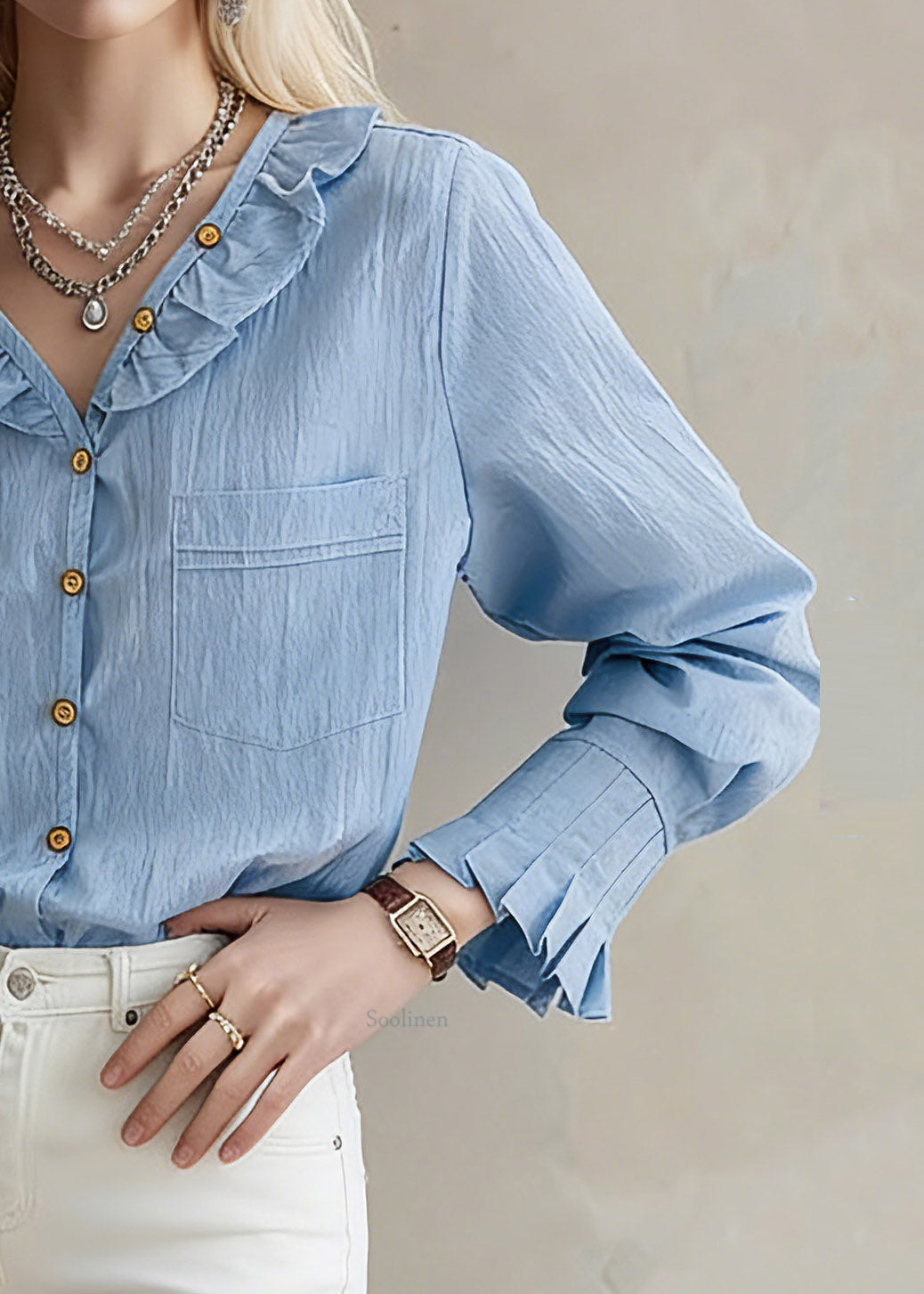 Art Blue V Neck Button Pocket Solid Shirt Long Sleeve