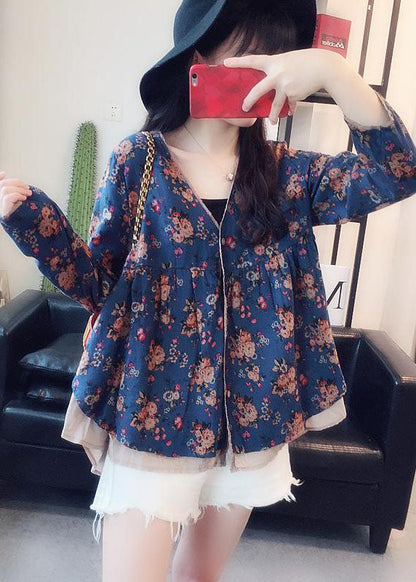 Art Blue V Neck Print Wrinkled Patchwork Cotton Shirt Tops Spring