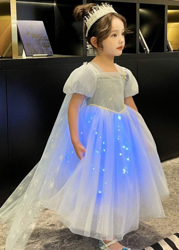 Art Blue Wrinkled Sequins Patchwork Tulle Kids Princess Dresses Summer