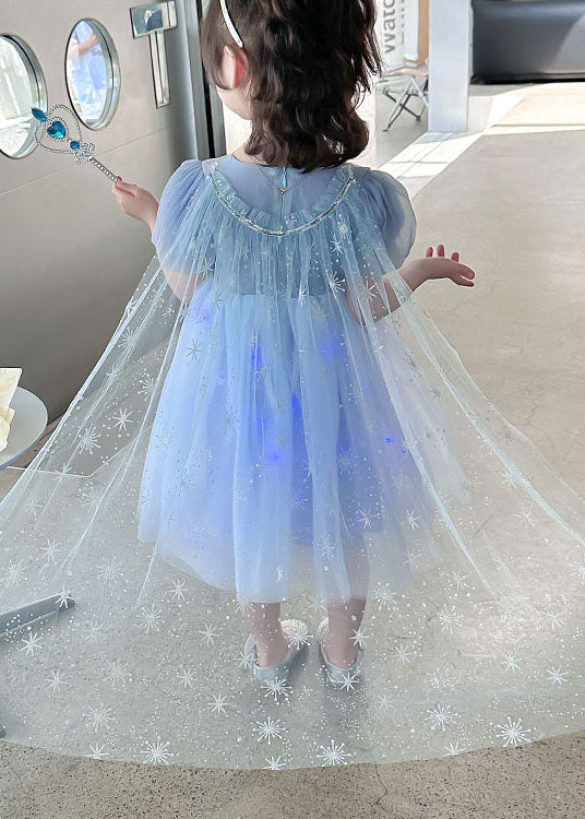 Art Blue Wrinkled Sequins Patchwork Tulle Kids Princess Dresses Summer