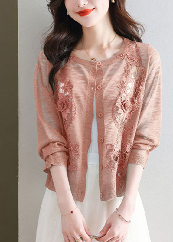 Art Brick Red O-neck Ice Size Knit Cardigans Summer
