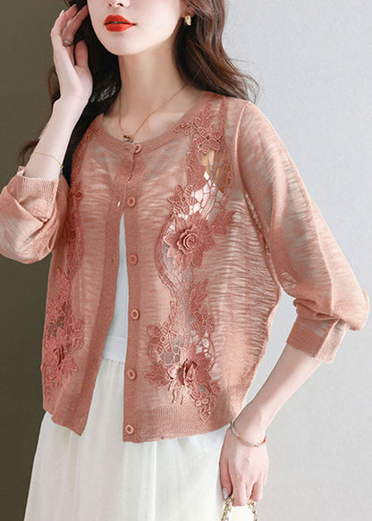 Art Brick Red O-neck Ice Size Knit Cardigans Summer