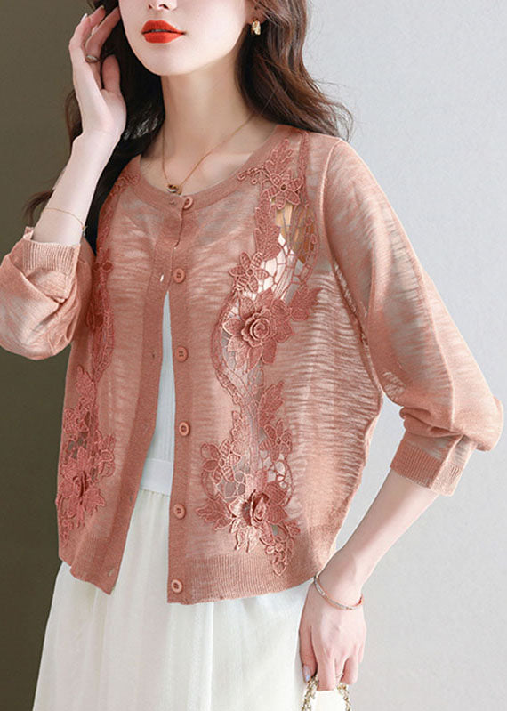 Art Brick Red O-neck Ice Size Knit Cardigans Summer