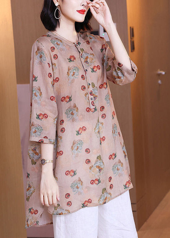 Art Brick Red O-neck Print Button Low High Design Side Open Linen Shirt Long Sleeve