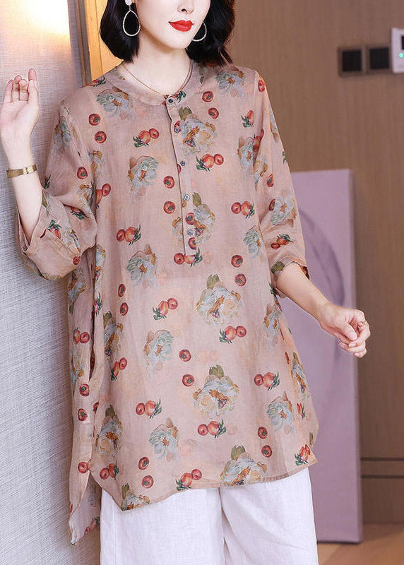 Art Brick Red O-neck Print Button Low High Design Side Open Linen Shirt Long Sleeve