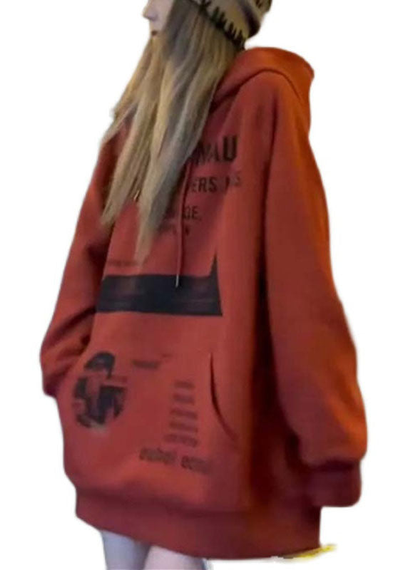 Art Brick Red Hooded Pockets Print Fall Sweatshirt Street Wear