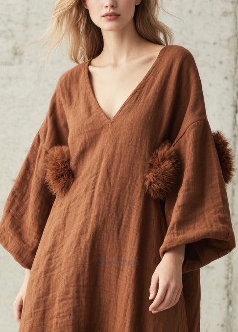Art Brown Oversized Fuzzy Ball Decorated Cotton Ankle Dress Fall