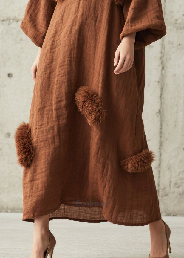 Art Brown Oversized Fuzzy Ball Decorated Cotton Ankle Dress Fall