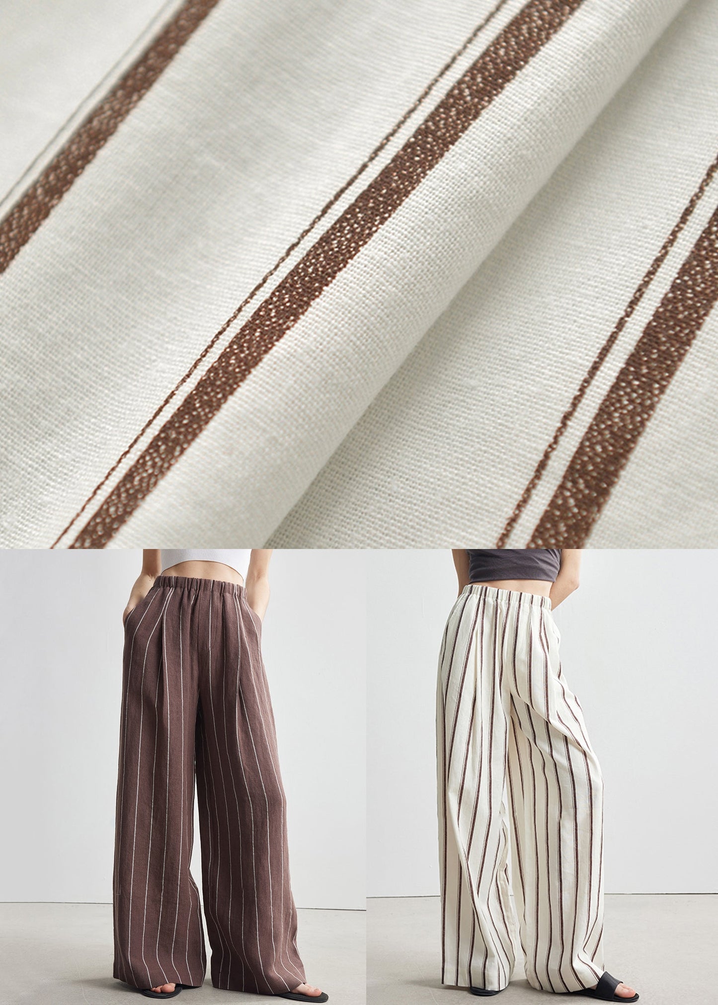 Art Brown Striped Pockets Elastic Waist Linen Pants Fall
