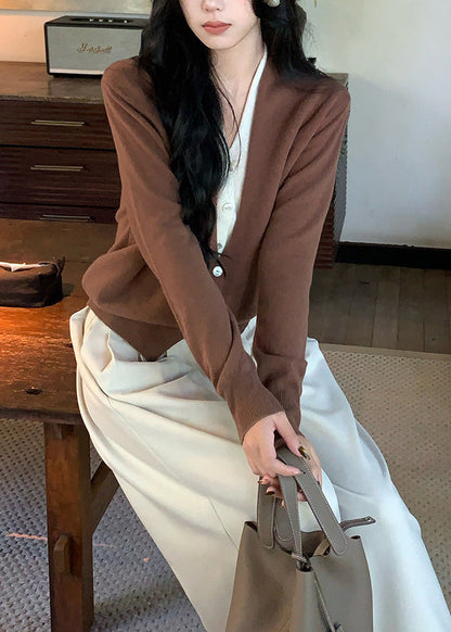Art Brown V Neck Patchwork Wool Knit Fake Two Piece Cardigans Spring