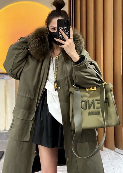 Art Caramel Faux Fur Collar Drawstring Pockets Parka Winter