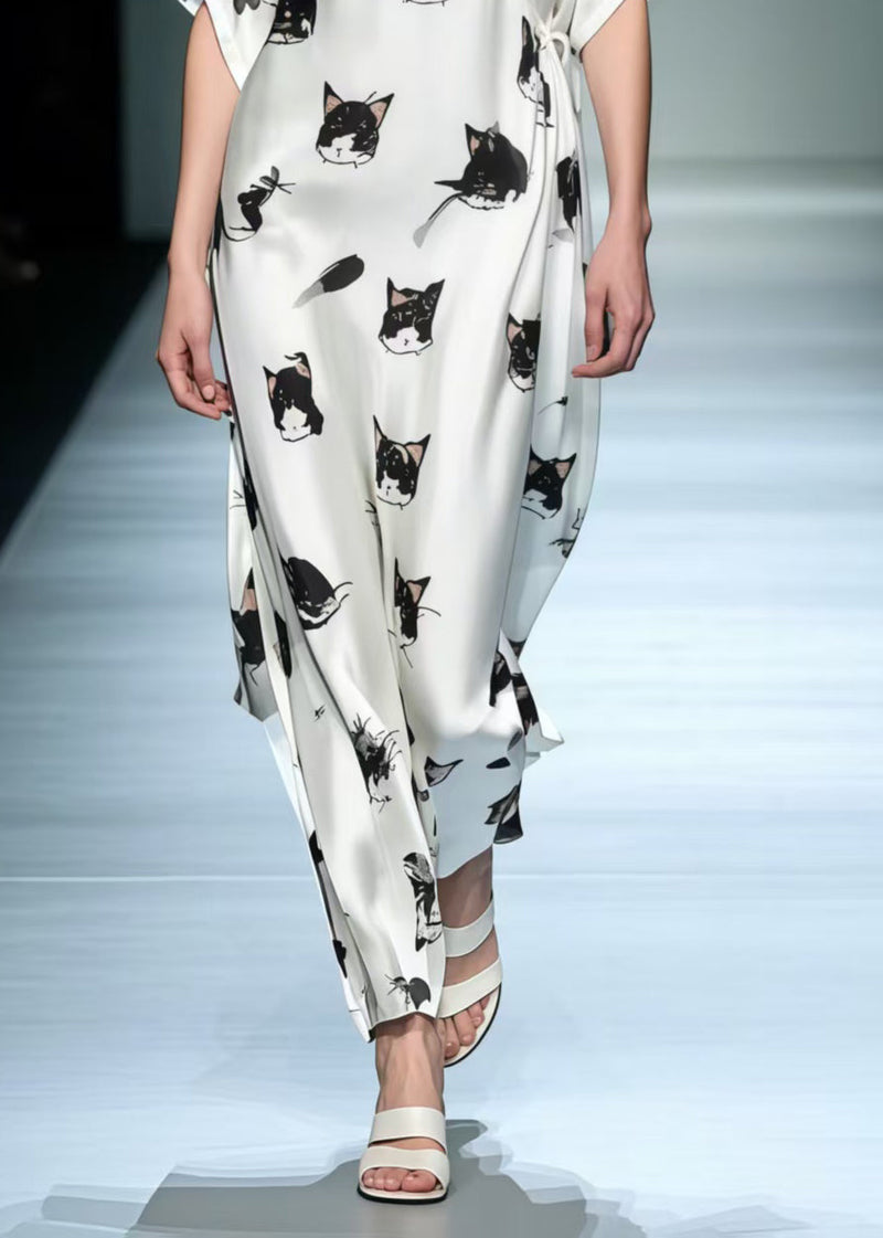 Art Cat Print Lace Up Silk Loose Dress Summer