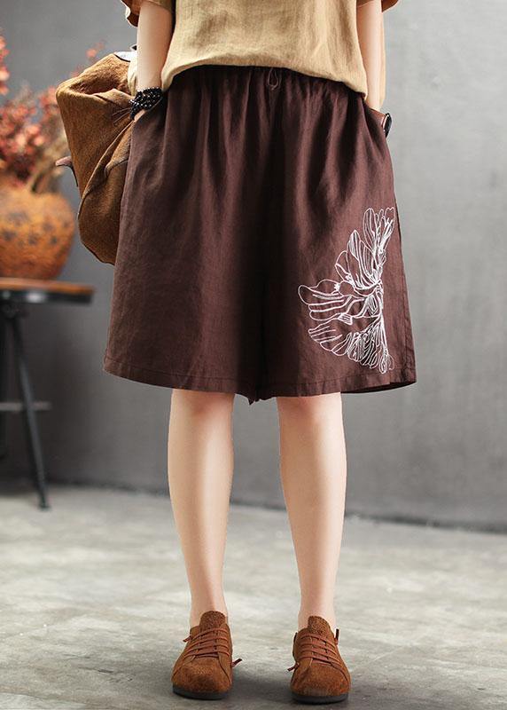 Art Chocolate Embroideried Tie Waist Linen Hot Pants